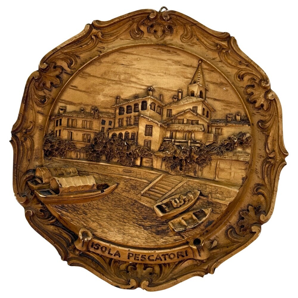 Italian Wood Resin Decorative Wall Plaque Isola Pescatori Italy Fisherman 6" VTG